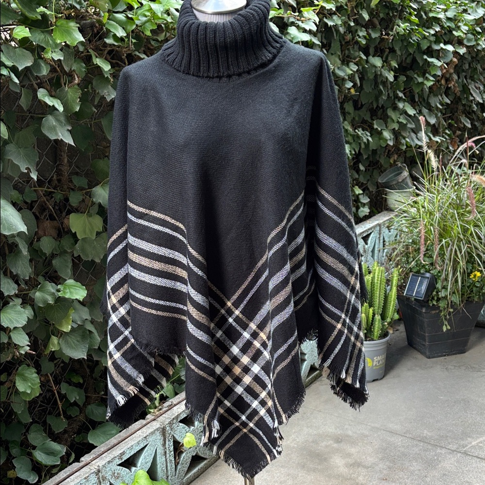 Black Fringed Turtleneck Poncho with with White/Tan Plaid Accents